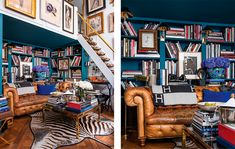 two photographs of a living room with bookshelves and zebra print rugs on the floor