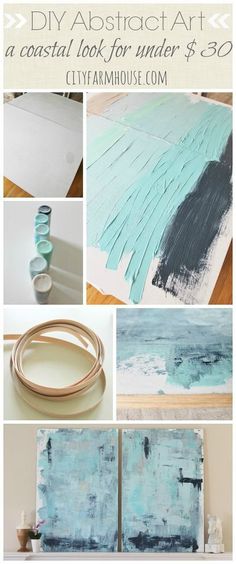 several different pictures with the words diy abstract art in blue, white and black