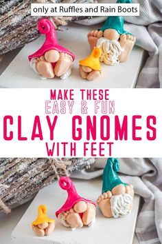 clay gnomes with feet and legs made to look like they're ready to play