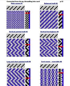 four different types of cross stitch patterns, each with red and black squares on them