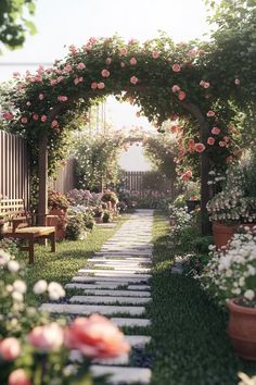 a garden with lots of flowers and benches