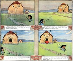 an image of a comic strip with two houses and one person jumping in the air