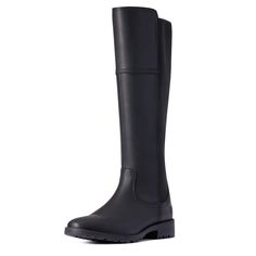 a tall black boot on a white background