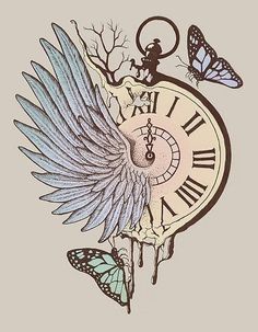 a clock with wings and butterflies on it