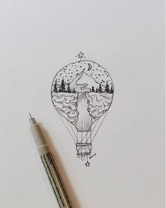 a drawing of a hot air balloon in the sky with trees and mountains on it