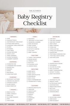 the ultimate baby registry checklist is shown in white with pink and black lettering on it