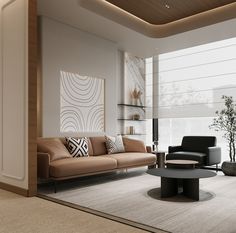 a living room with two couches and a coffee table in front of a large window