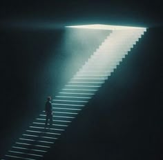 a man standing at the top of a stair case in front of a bright light