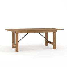 a wooden table with metal legs on a white background