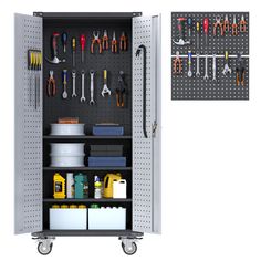 a metal storage cabinet with tools on it