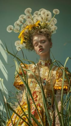 a woman with flowers in her hair standing next to tall grass