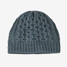 a knitted hat with an open cable pattern on the front and side, in grey