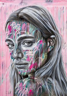 a painting of a woman's face with pink and blue paint