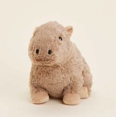 a small stuffed animal sitting on top of a white surface with one eye open and the other half closed