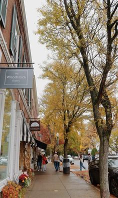 people are walking down the sidewalk in front of storefronts on a fall day