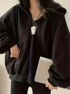 Black Casual Collar Long Sleeve Fabric Letter Pullovers Embellished Slight Stretch  Women Clothing Drop Shoulder Hoodie, Leg Of Mutton Sleeve, Letter Print Hoodie, Korean Casual Outfits, Dropped Shoulder Sweatshirt, Tomboy Outfits, Tomboy Style Outfits, Styl Boho, Casual Hoodie