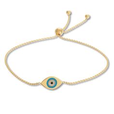 This stylish bolo bracelet for her features a 14K yellow gold evil eye design decorated with blue, white, and black enamel. The cable chain and sliding bolo clasp allow the bracelet to adjust up to 9 inches in length. Yellow Gold Evil Eye Jewelry, Adjustable Round Chain Bracelet With Evil Eye, Adjustable Yellow Gold Evil Eye Bracelet, Bracelet For Her, Evil Eye Design, Bolo Bracelet, Jewelry Advice, Blue White And Black, Eye Design