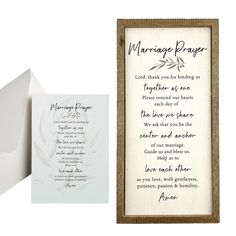 a wedding card with the words marriage prayer printed on it and an envelope in front