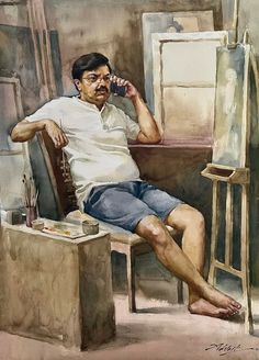 a painting of a man sitting in a chair talking on a cell phone next to an easel