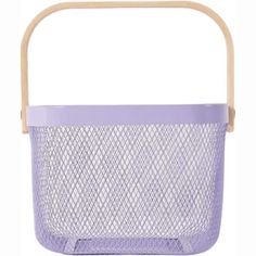 a purple plastic basket with wooden handles on a white background, it is also used for storage