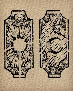 an old fashioned drawing of two doors with the letter o in it's center