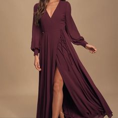 Lulu's Wrap Maxi Dress Maroon Long Sleeves Buttons At Bottom Of Sleeves Polyester Size: Medium Comes With Extra Button Wrap Maxi Dress Long Sleeve, Winter Wedding Guest Dress, Twirly Dress, Plum Dress, Sleeve Wrap Dress, Long Sleeve Wrap Dress, Formal Dresses Gowns, Whole Heart, Burgundy Dress