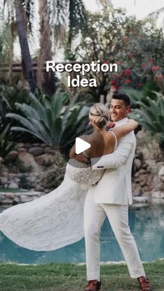 a man and woman dancing in front of a pool with text that reads reception idea