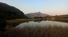 a lake surrounded by tall grass and mountains