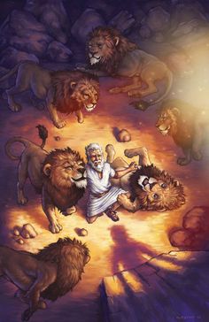 an image of a man surrounded by lions