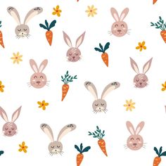 a pattern with rabbits and carrots on a white background