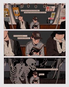 two comics with people on the subway and one has a skeleton in front of them