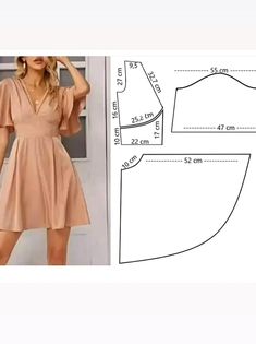 a woman in a short dress is standing next to a sewing pattern