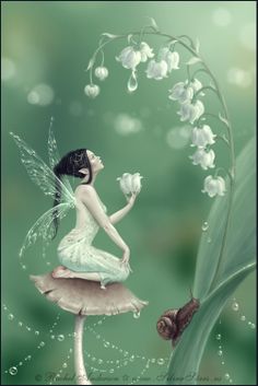 a fairy sitting on top of a mushroom with lily of the valley in her hand