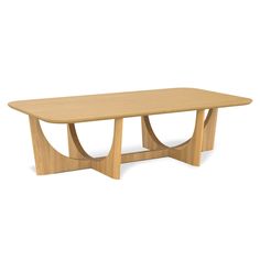 a wooden table with two curved legs and an oval shaped design on the top, against a white background