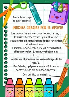 a poster with crayons, pencils and scissors on it that says spanish gracias por el apoyo