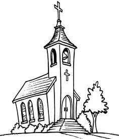 a black and white drawing of a church