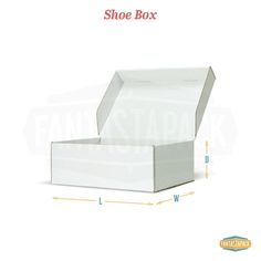 an open shoe box with measurements for the bottom and side compartments, on a white background