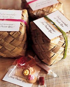 three small baskets filled with candy on top of a table