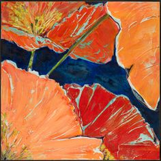 an abstract painting of orange flowers with blue and red petals in the center, against a black background