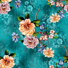 a blue background with flowers and leaves on it