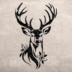 a deer with large antlers and flowers on it's head is shown in black ink