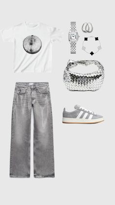 a white t - shirt, grey jeans and sneakers