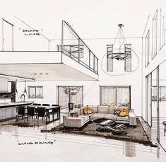 a drawing of a living room and kitchen area with stairs leading to the second floor