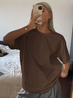 Plain Round Neck Loose Short Sleeve T-Shirt For Women Brown Casual  Short Sleeve Knitted Fabric Plain  Slight Stretch Summer Women Clothing, size features are:Bust: ,Length: ,Sleeve Length: Oversize Tshirt Outfits, Loose Jeans, Tshirt Outfits, Loose Shorts, Elegant Shirt, Kids Beachwear, Scarf Print, Wide Leg Jeans, Colorful Leggings