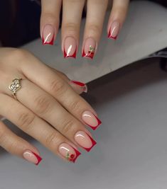 Red French Tip With Design Nails, Bday Nail Inspo Short, Short Cute Red Nails, Red French Tip With Cherries, Short Nails For Cheerleaders, Nails With Red Dress What Color, University Red Nails, Classic Nails Red, White Nails With Cherry Design