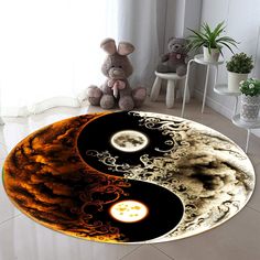 a yin - yang rug is shown in the middle of a room with two teddy bears