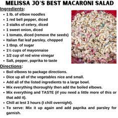 the ingredients for macaroni salad are shown in this recipe card, which includes instructions