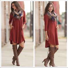 3/4 Sleeve Tunic Rust Colored Dress With Pockets! Dress Is Ready To Be Shipped. Bust S-17��” M-18” L-19” Length S-38” M-39” L-40” Material 67% Polyester 28% Rayon 5% Spandex Fall Dresses With Boots, Rust Colored Dress, Dresses With Boots, Rust Color Dress, Cute Floral Dresses, Cute Country Outfits, Sleeveless Floral Dress, Mid Dresses, Country Outfits