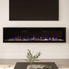 an electric fireplace with blue flames in a white living room, next to a flat screen tv on the wall