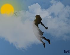 a person is flying through the air in front of a sun and cloud filled sky